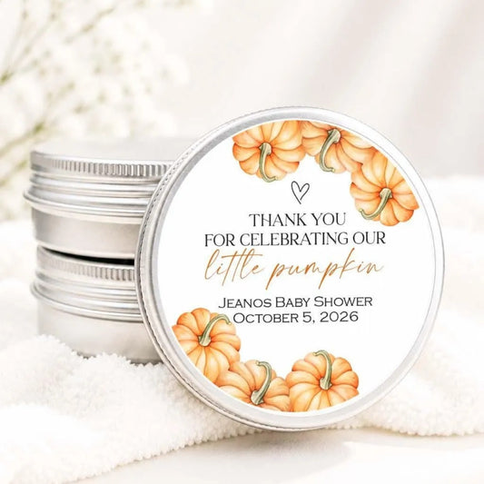 a round tin can with a label that says "Thank you for celebrating our little pumpkin" and "Jeanos Baby Shower October 5, 2026".