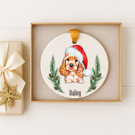 A ceramic ornament featuring a brown and white dog wearing a Santa hat, surrounded by pine branches and a snowflake. The ornament is displayed in a gold box, and there is a gift box with a gold ribbon next to it.