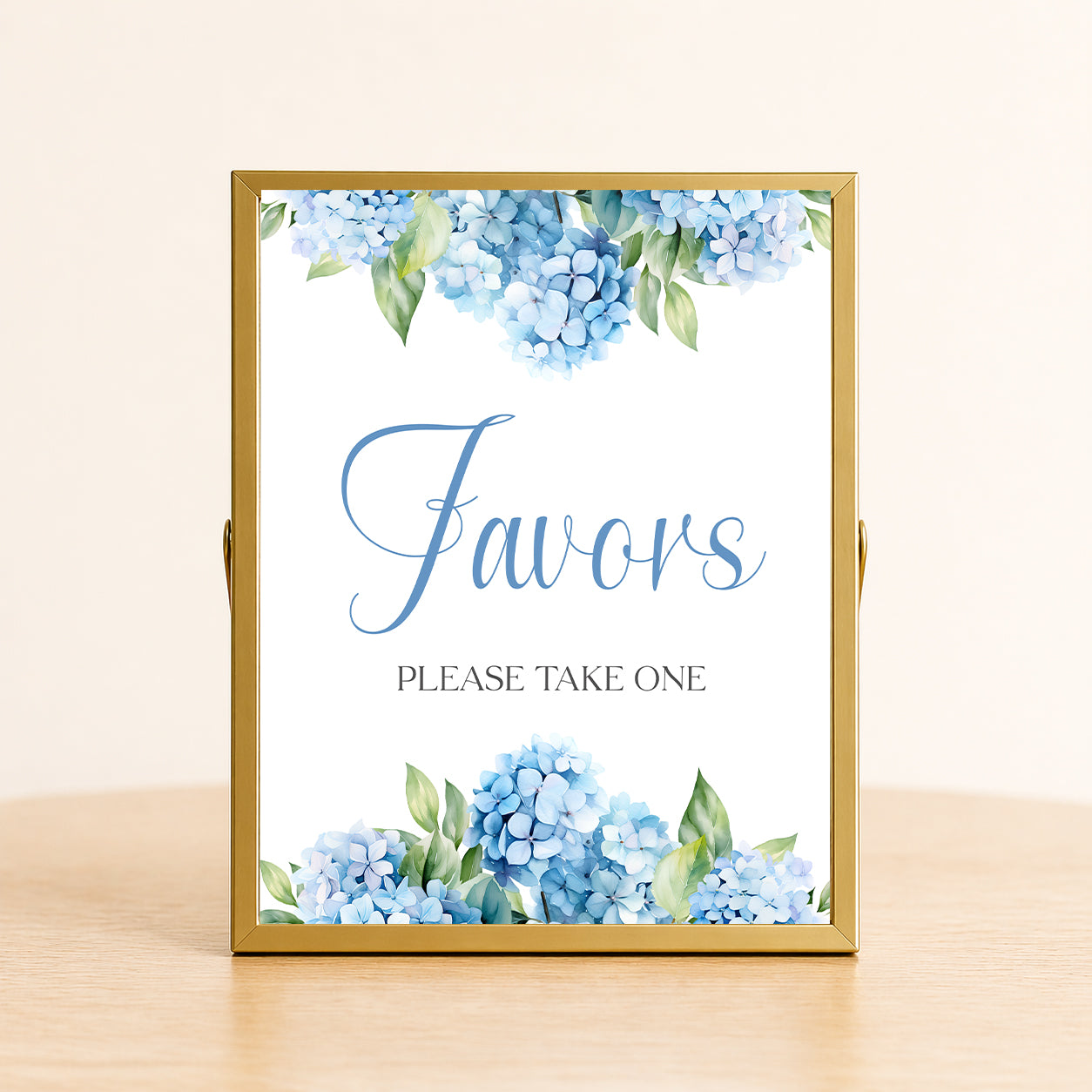 Hydrangea floral favors sign elegant bridal shower or wedding signage