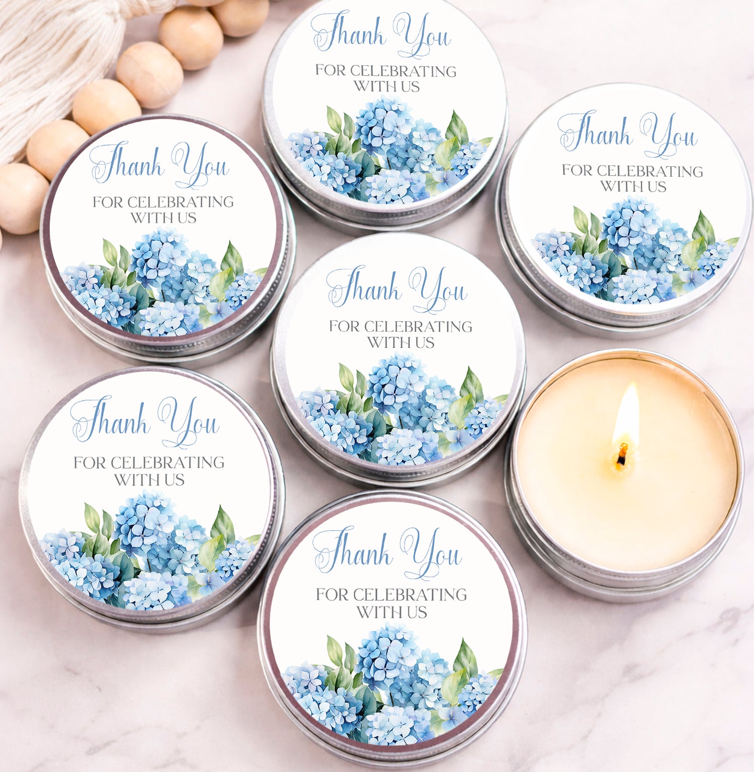 Blue hydrangea bridal shower candle favors thank you for celebrating candles