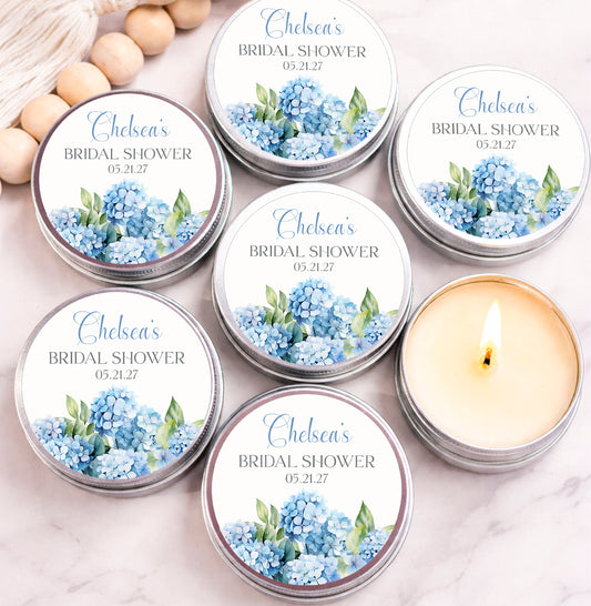 Blue hydrangea bridal shower candle favors personalized soy candle tins
