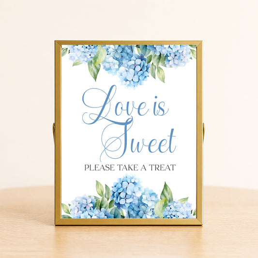 Blue hydrangea love is sweet sign please take a treat dessert table decor