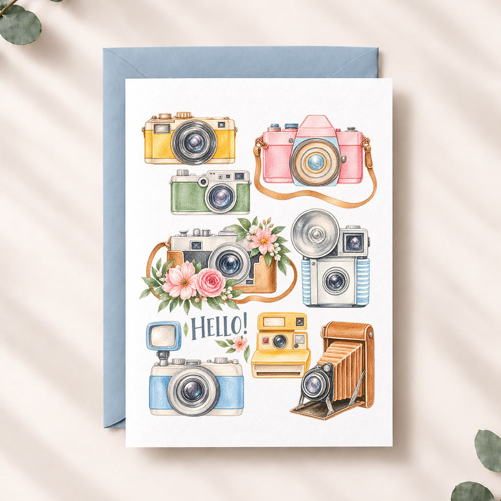 Watercolor vintage camera greeting card featuring colorful retro cameras, soft pink floral accents, and “HELLO!” lettering, displayed with a coordinating dusty blue envelope on a neutral background.