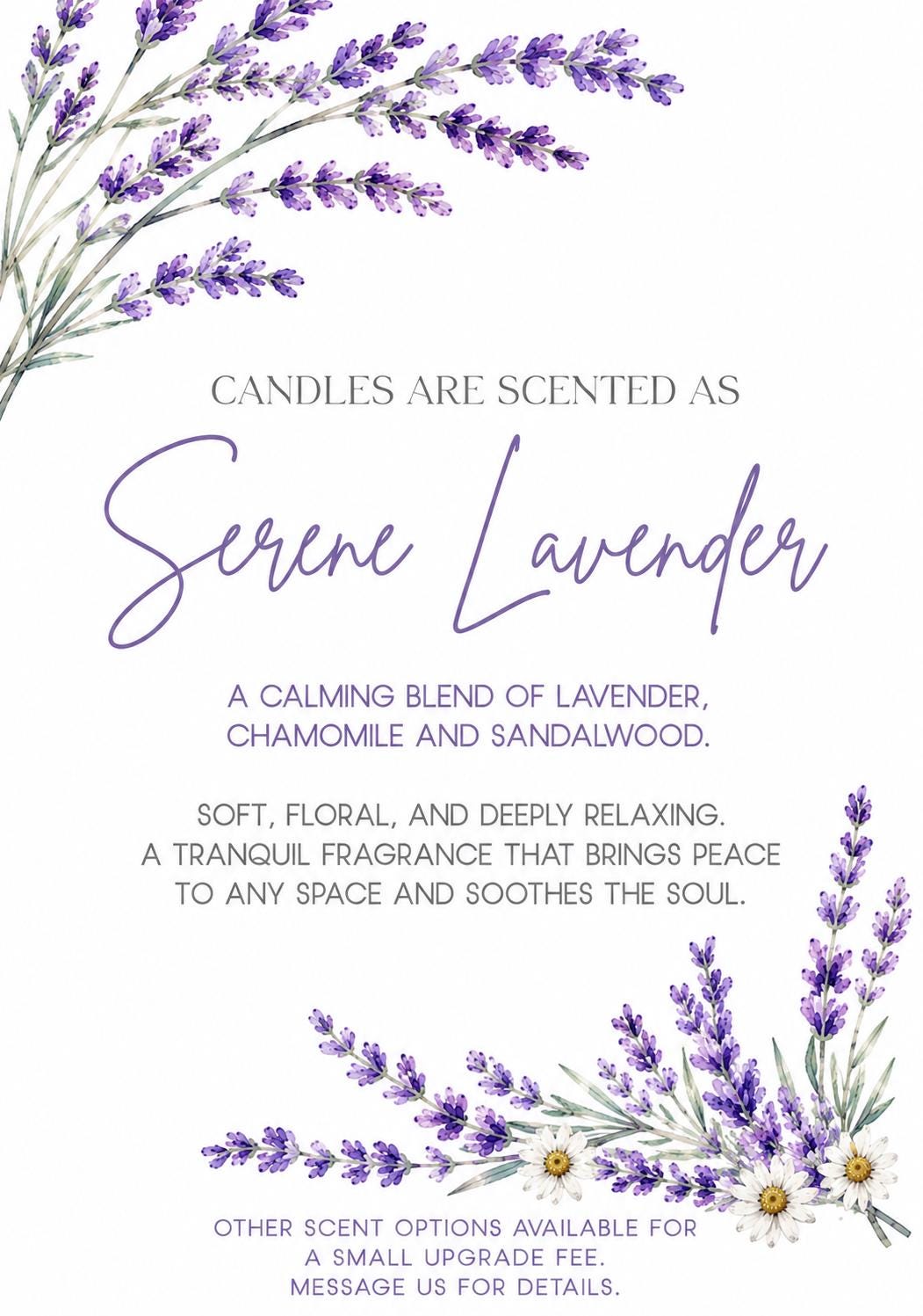 The image is a poster or advertisement for candles that are scented as "Serene Lavender". It features a floral design with purple lavender flowers and a description of the scent.