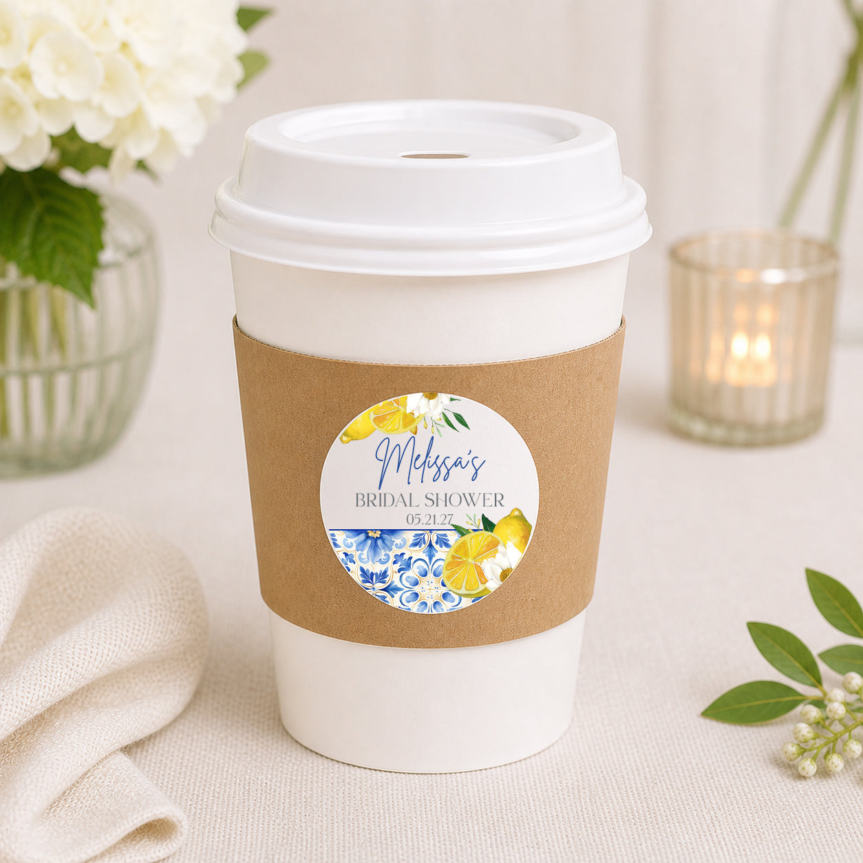 Personalized Amalfi lemon coffee cup with sleeve and lid, citrus bridal shower drinkware setup