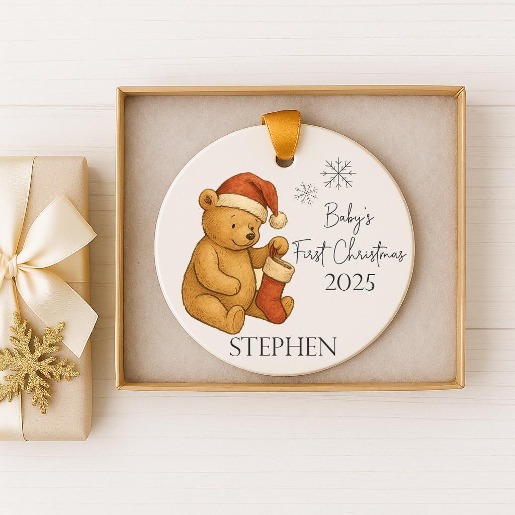 Baby’s First Christmas Ornament 2025 – Vintage Bear with Stocking | Personalized Name Keepsake | Custom Ceramic Ornament Gift