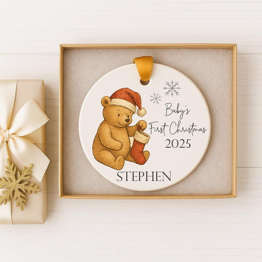 Baby’s First Christmas Ornament 2025 – Vintage Bear with Stocking | Personalized Name Keepsake | Custom Ceramic Ornament Gift