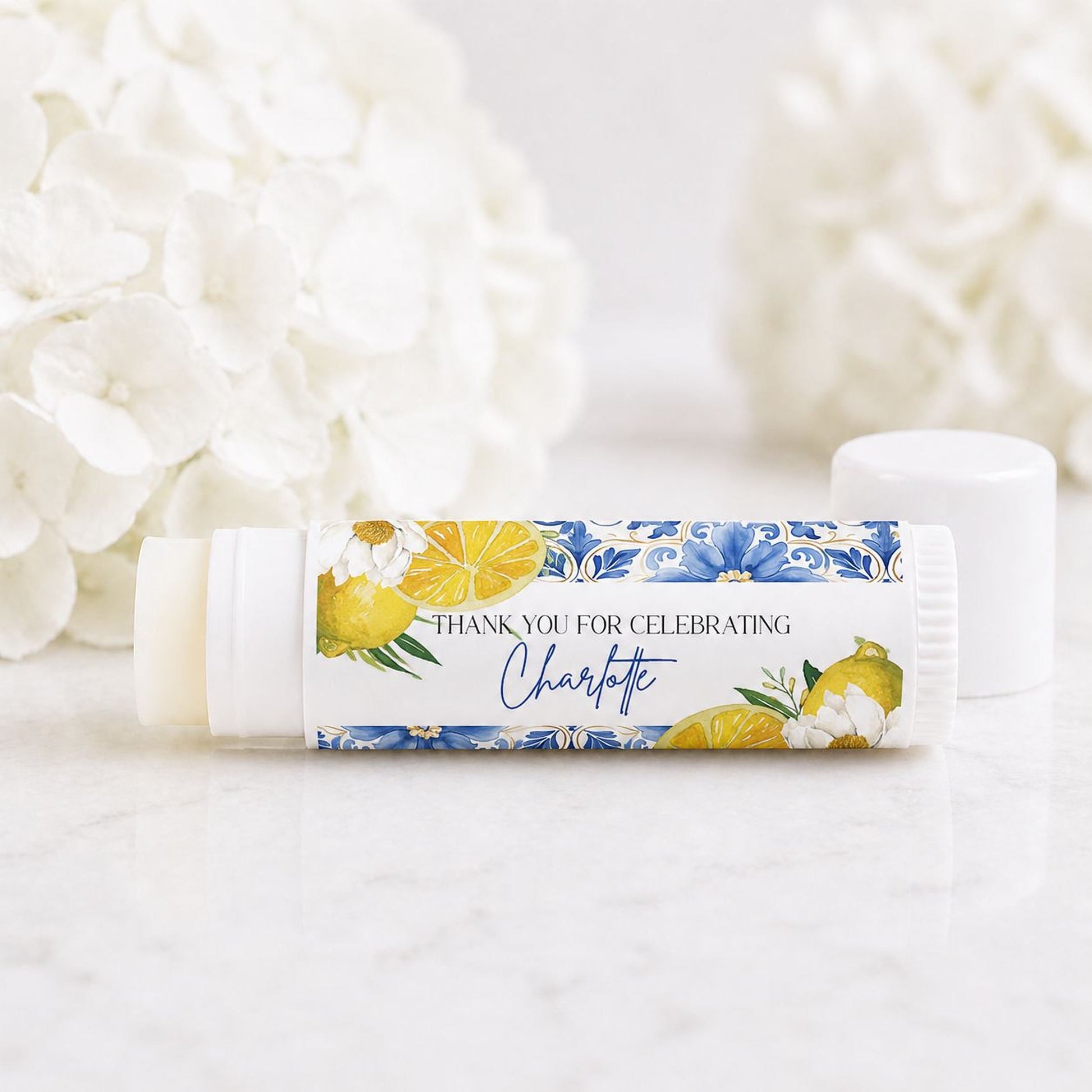 Amalfi lemon themed lip balm with personalized waterproof label featuring blue tiles and citrus design
