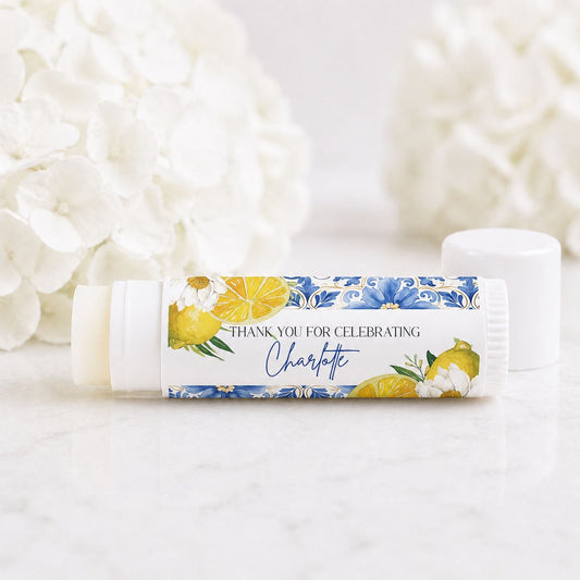 Amalfi lemon themed lip balm with personalized waterproof label featuring blue tiles and citrus design