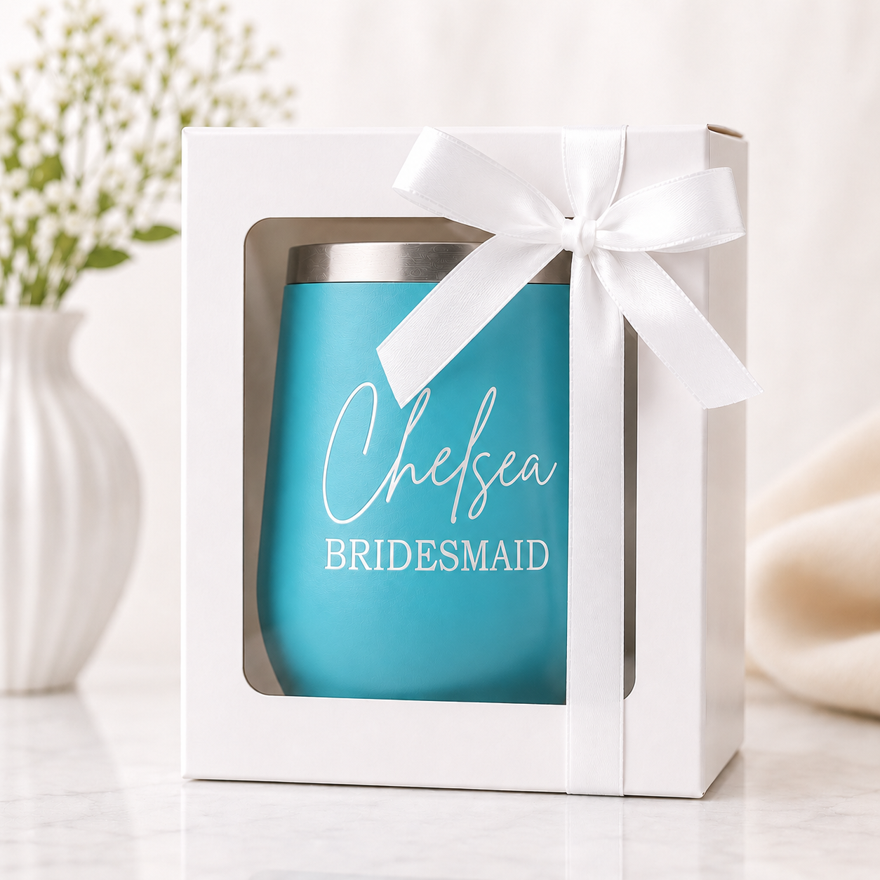 Personalized turquoise bridal party wine tumbler with custom name displayed in a white gift box with satin ribbon, ideal for wedding party gifts and bridal celebrations.