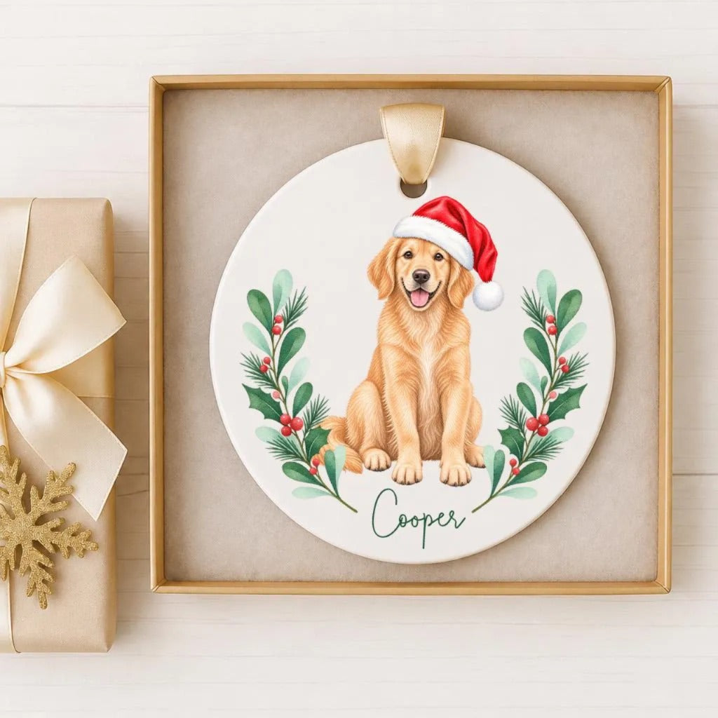 A ceramic ornament featuring a golden retriever dog wearing a Santa hat, surrounded by holly leaves and berries, with the name "Cooper" written on it.