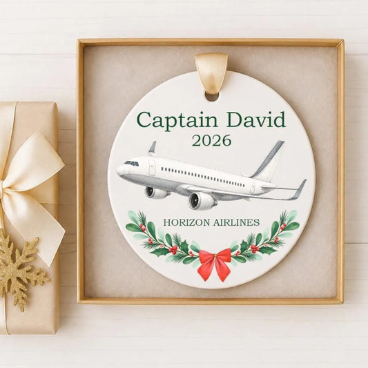 A decorative ornament with a white airplane and a wreath of greenery, placed in a gold frame.