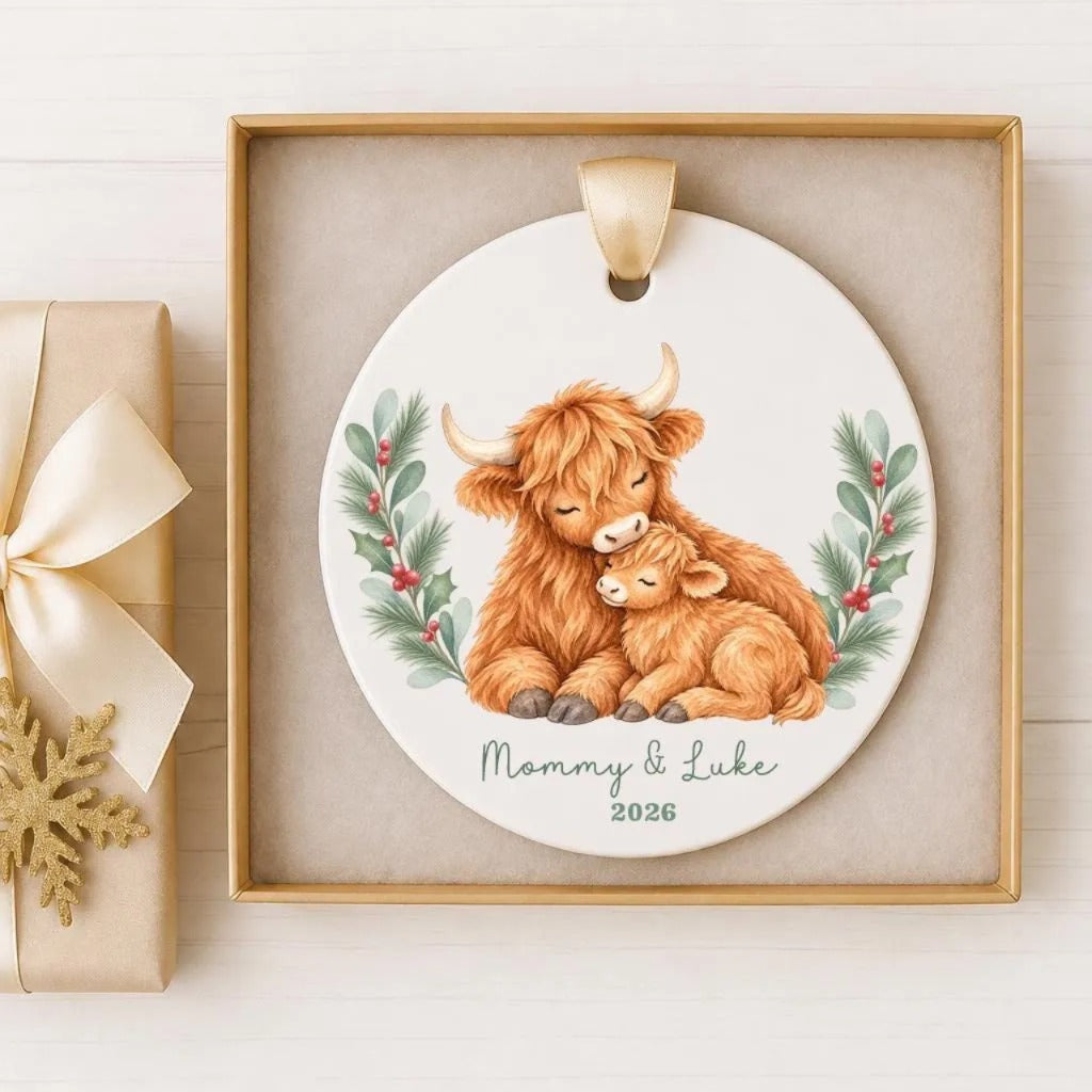 A ceramic ornament featuring a mother cow and her calf, with the text "Mommy & Luke" and the year "2026" below the image.