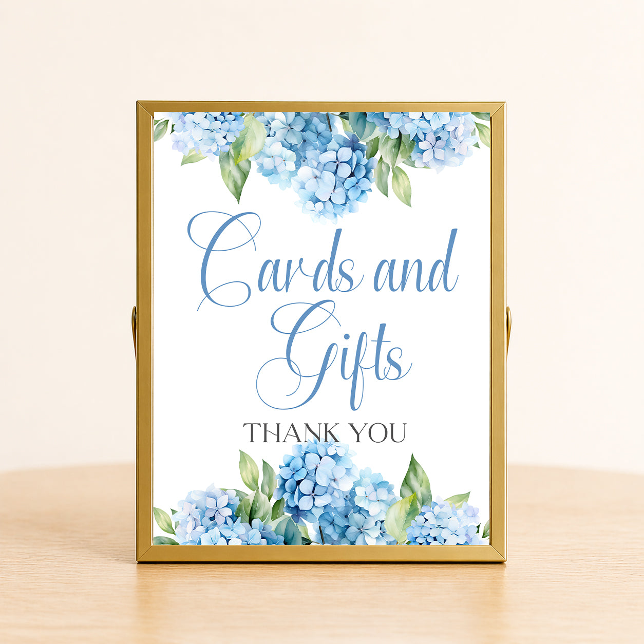 Cards and gifts sign hydrangea bridal shower table sign blue floral decor