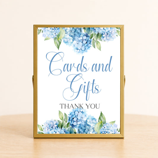 Cards and gifts sign hydrangea bridal shower table sign blue floral decor