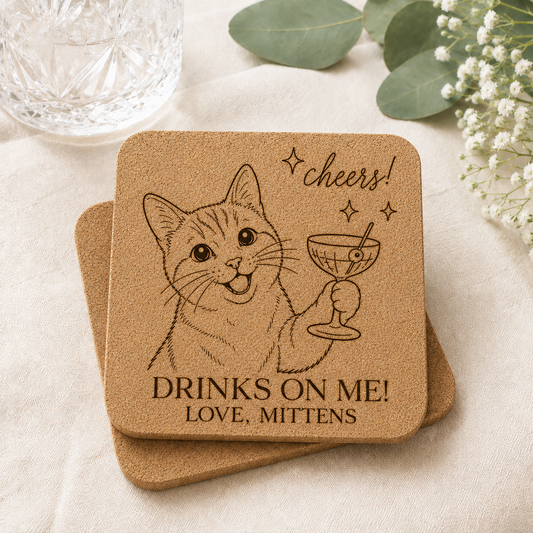 Personalized cork wedding favor coaster engraved with a cat holding a cocktail glass and the phrase "Drinks On Me! Love, Mittens" on a light airy wedding-inspired background.