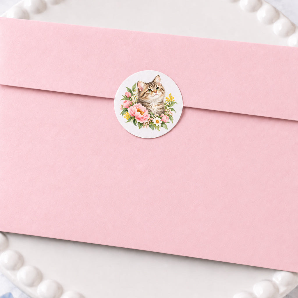Pink envelope sealed with a round floral cat sticker featuring a fluffy tabby kitten surrounded by pink flowers, greenery, and small yellow blossoms, styled on a white decorative plate with soft blue floral accents.