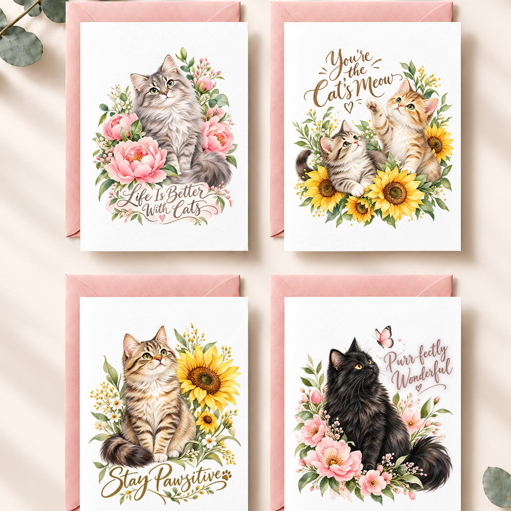 Set of four watercolor cat notecards featuring fluffy cats and kittens surrounded by pink flowers and sunflowers with playful sayings, paired with blush pink envelopes.