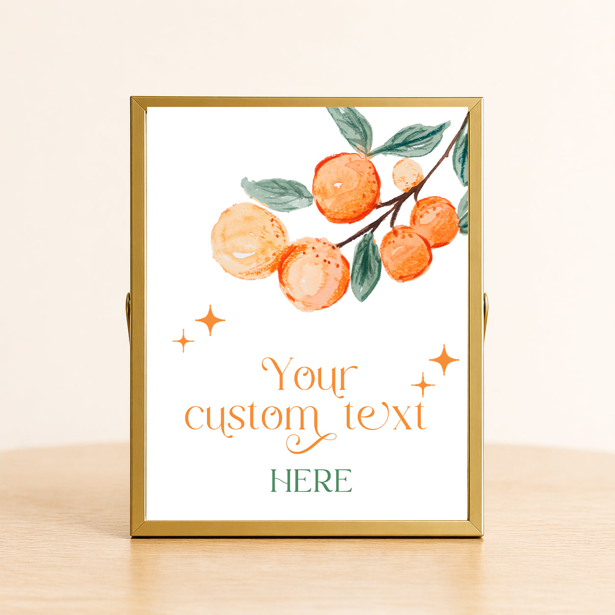 Elegant Little Cutie citrus event sign with custom wording displayed in a gold frame for baby showers, bridal showers, and citrus-themed parties.