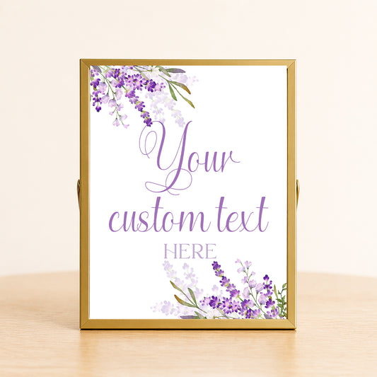 Elegant lavender floral event sign with custom wording displayed in a gold frame for bridal showers, weddings, baby showers, and garden party décor.