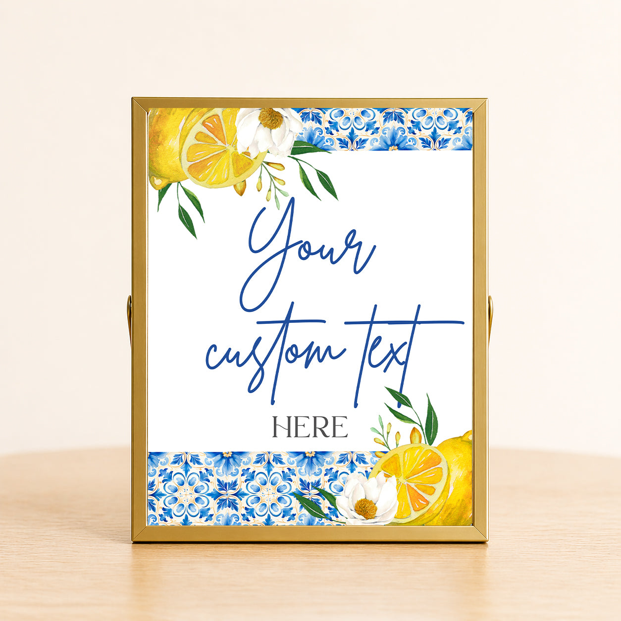 Elegant Mediterranean lemon event sign with custom wording displayed in a gold frame for bridal showers, baby showers, weddings, and citrus-themed parties.