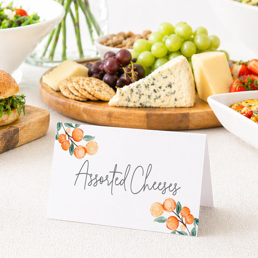 Citrus-themed food tent cards with a blank front for writing. Perfect for baby showers, brunches, and elegant buffet displays.