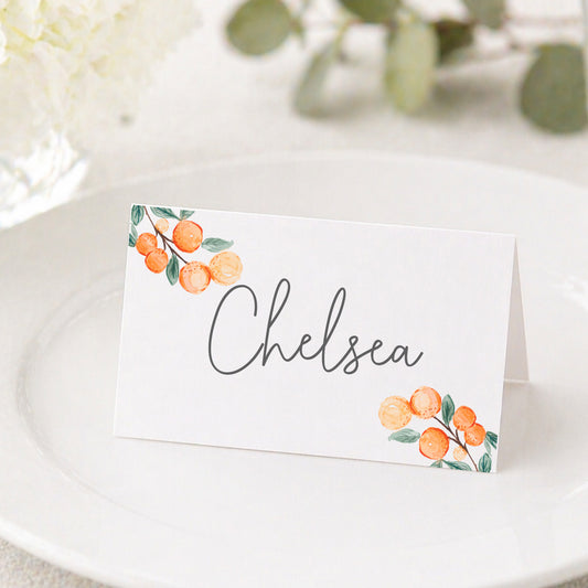 Adorable “cutie” place cards with citrus design and blank center. Perfect for baby showers, birthdays, and sweet themed events.