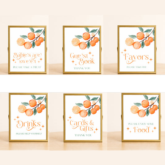 A Little Cutie baby shower sign set with citrus design including food, drinks, favors, and guest book signs displayed for coordinated party decor.