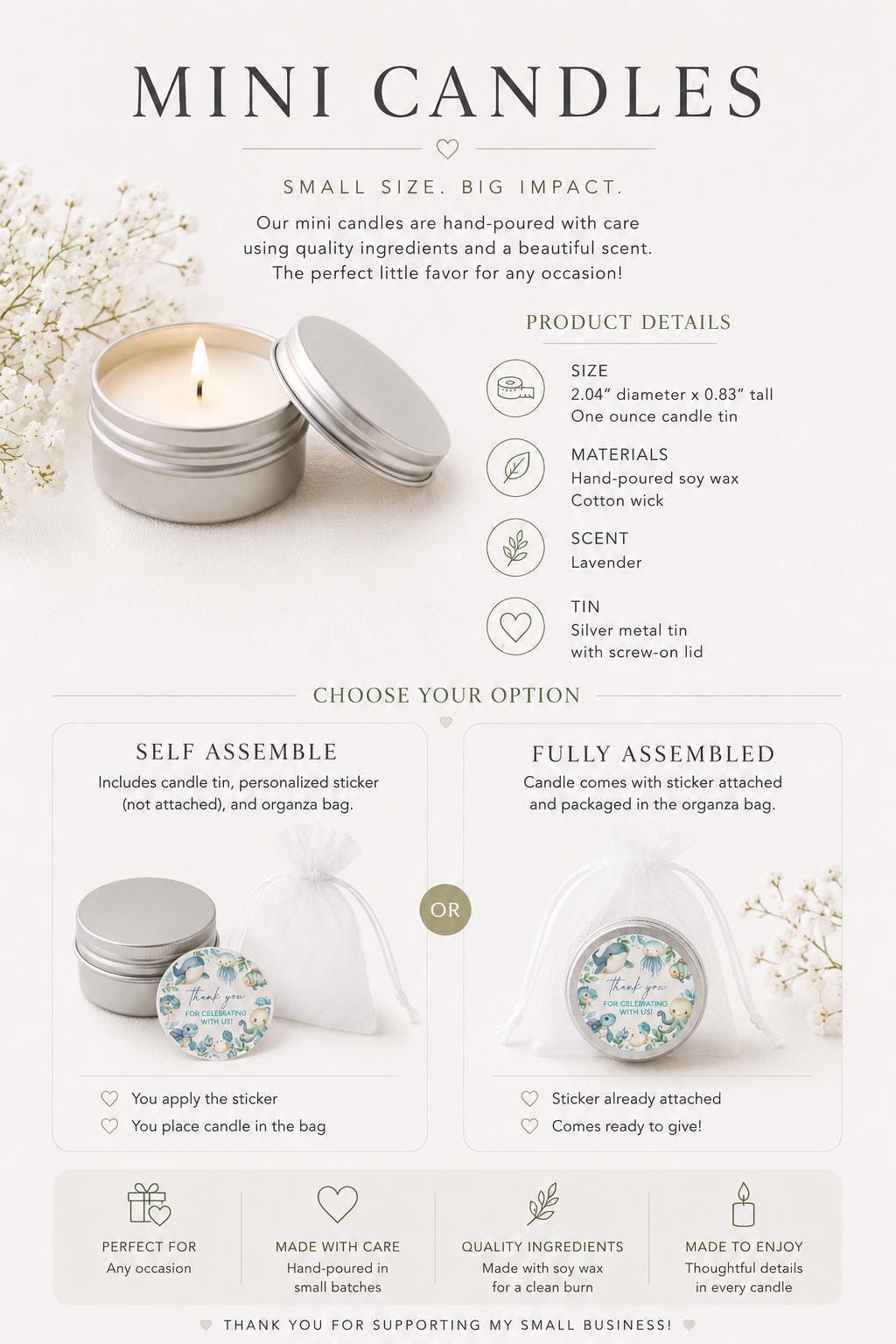 Coastal Candle Favors – Personalized Seashell Baby Shower Gifts - 1 oz - Set of 10