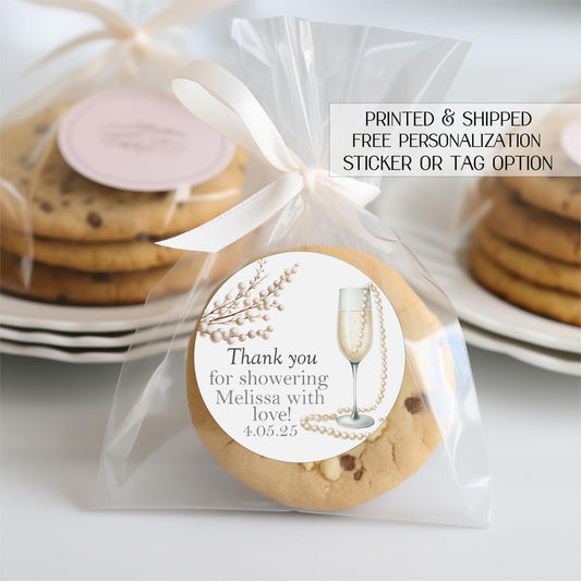 Prosecco and pearl favor stickers - Printed prosecco and pearls tags - Pearl bridal shower favor stickers - Prosecco bridal shower tags