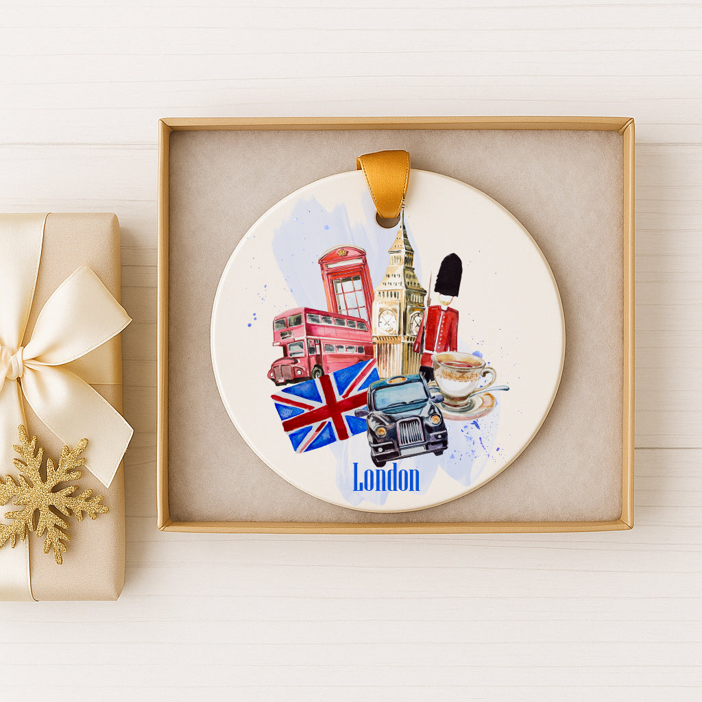 A decorative ornament featuring iconic London landmarks and symbols, such as Big Ben, the London Eye, and the London Underground, along with a cup of tea and a snowflake.