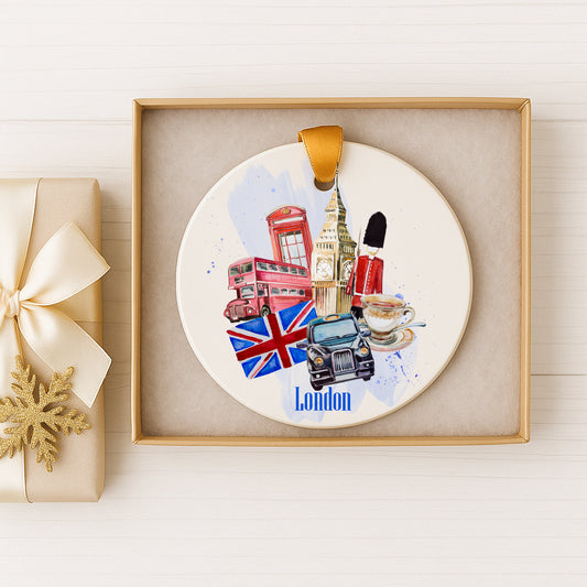 A decorative ornament featuring iconic London landmarks and symbols, such as Big Ben, the London Eye, and the London Underground, along with a cup of tea and a snowflake.