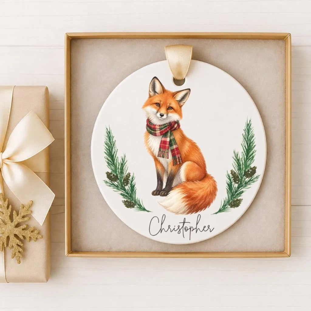 A ceramic ornament featuring a red fox wearing a scarf and surrounded by pine branches and pine cones, with the name "Christopher" written on it.