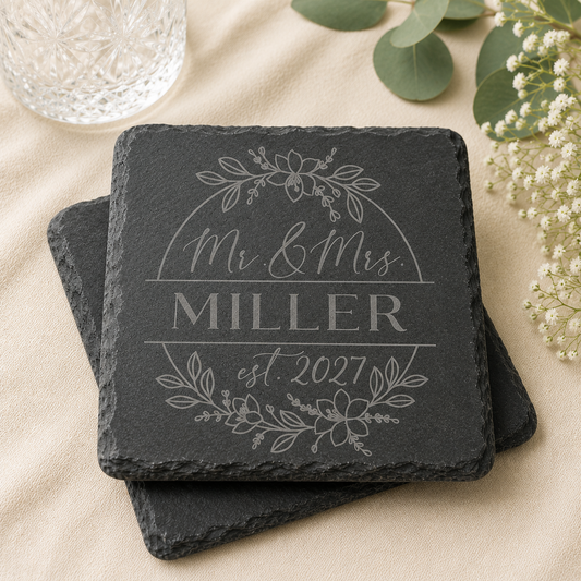 Personalized slate coaster engraved with family name and established year, displayed in an elegant wedding-inspired setting with crystal glassware and greenery.