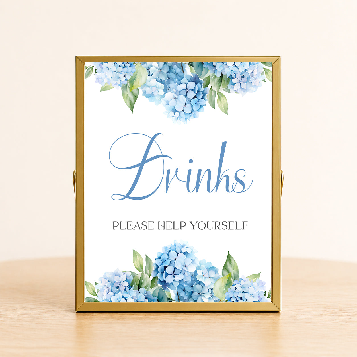 Drinks sign hydrangea bridal shower drink station sign blue floral decor