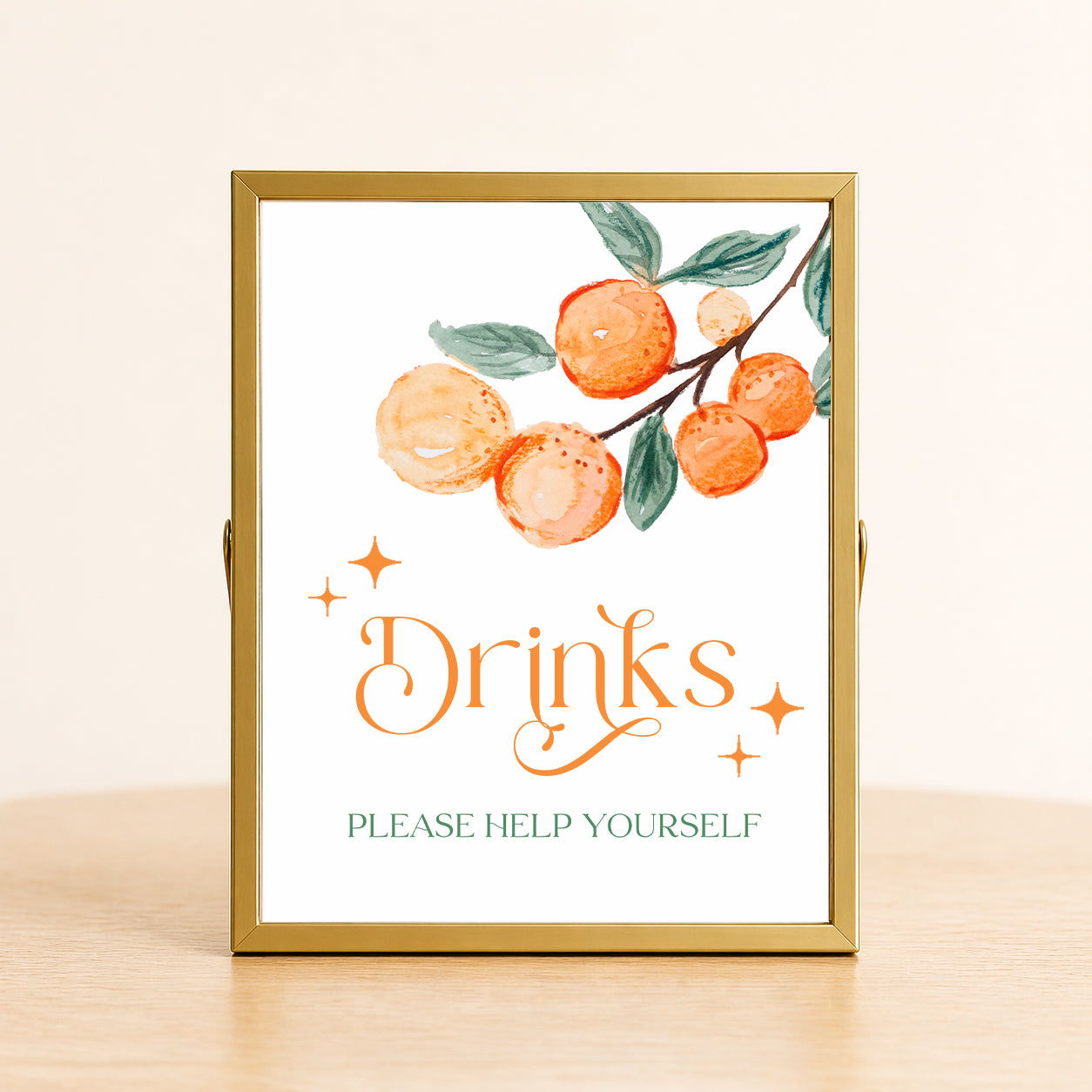 A Little Cutie baby shower drinks sign with citrus design displayed on table for beverage station decor.