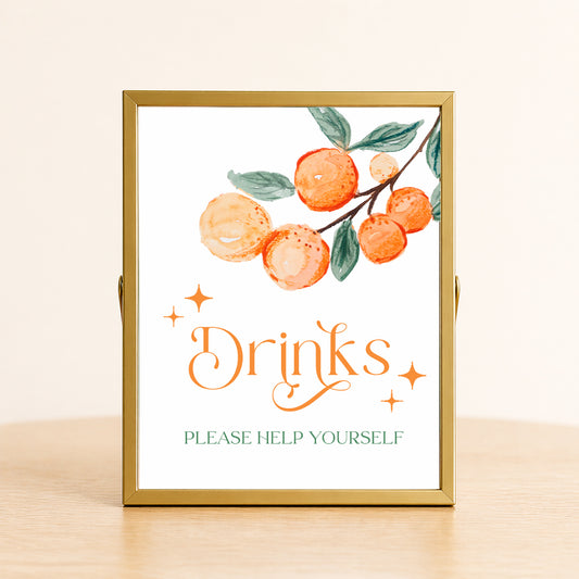 A Little Cutie baby shower drinks sign with citrus design displayed on table for beverage station decor.