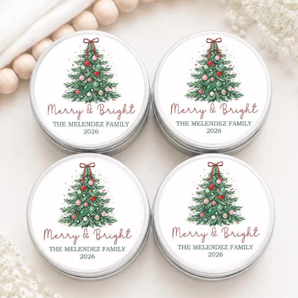 four circular tin labels with Christmas tree designs and the text "Merry & Bright" and "The Melendez Family" printed on them.
