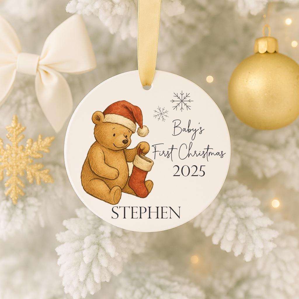 Baby’s First Christmas Ornament 2025 – Vintage Bear with Stocking | Personalized Name Keepsake | Custom Ceramic Ornament Gift