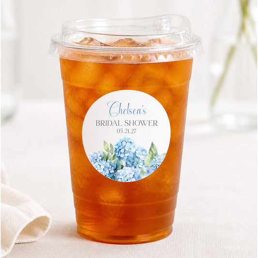 Personalized hydrangea drink cup kit with 12 cups, lids, and waterproof stickers. Ideal for bridal showers and elegant events.