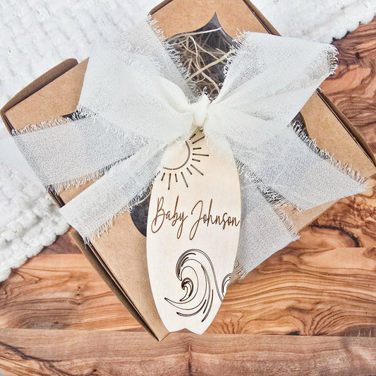 Surfboard Tags - Custom Party Favors Baby Showers, surfing themed, baby on board, the big one, retro beach, summer themed, treat bag labels