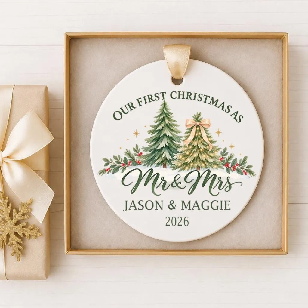 A white Christmas ornament with a gold ribbon, featuring a couple of trees and a bow, placed in a gold box.