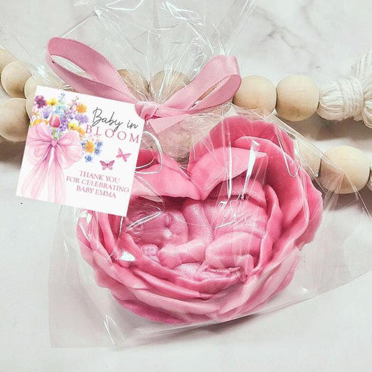 Pink Baby in Bloom Soap Favors: Pink Rose and bow, Personalized Tag