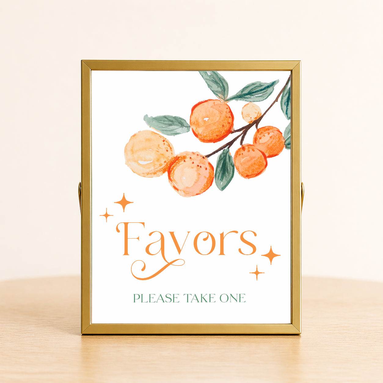 A Little Cutie baby shower favors sign with citrus design displayed on table for favor station decor.