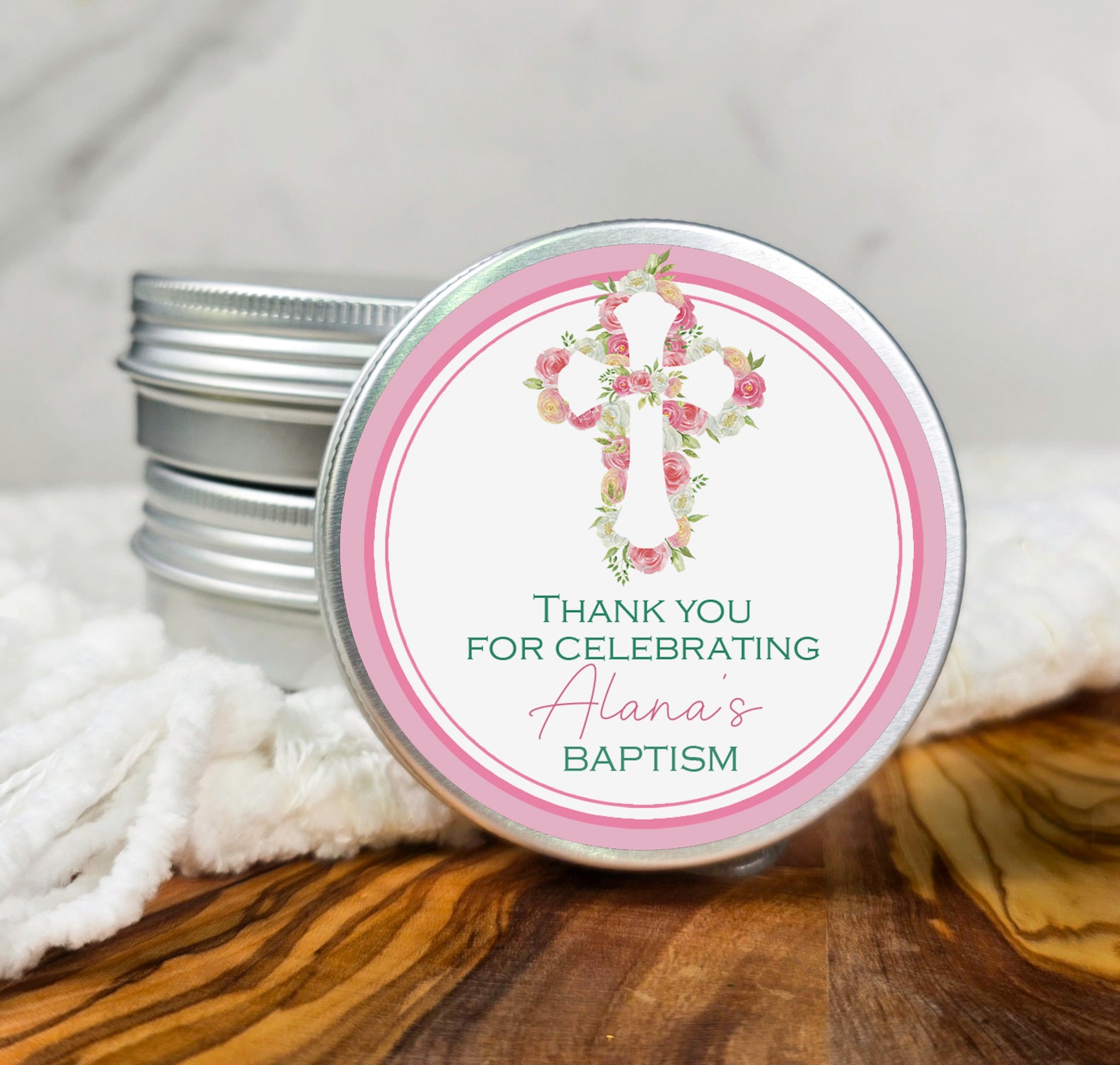 a small tin of baptism thank you for celebrating