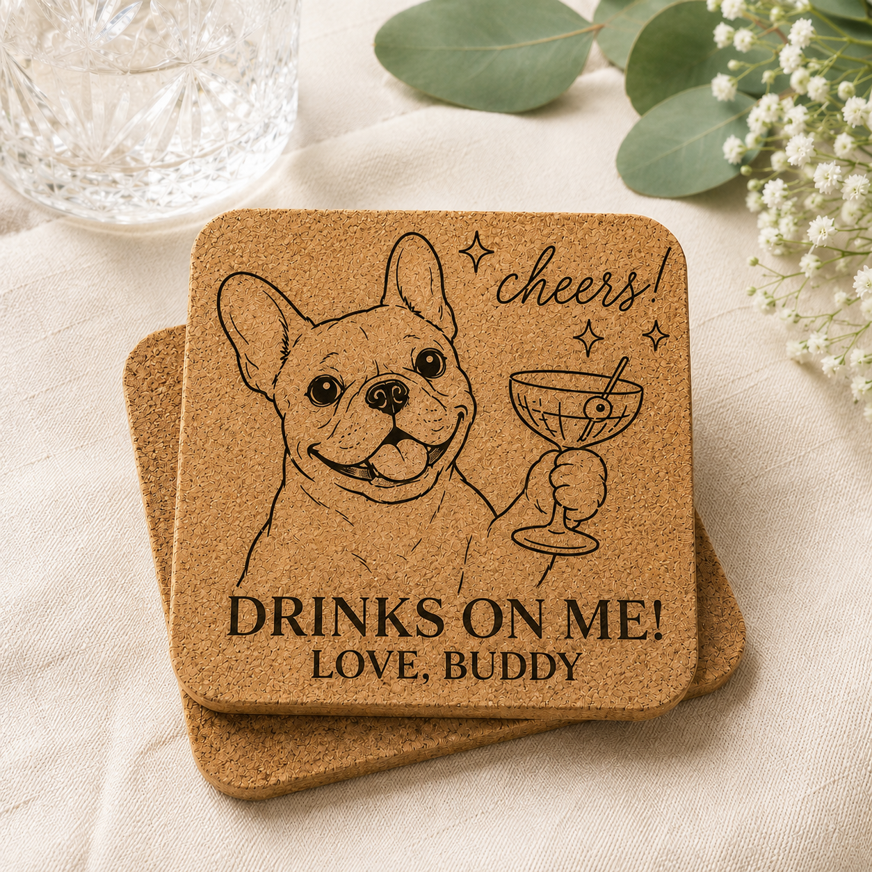 Personalized cork coaster featuring a laser-engraved French Bulldog holding a cocktail glass with the phrase "Cheers!" and custom text reading "Drinks On Me! Love, Buddy," displayed in a light and airy setting with eucalyptus leaves, baby's breath flowers, and a crystal glass.