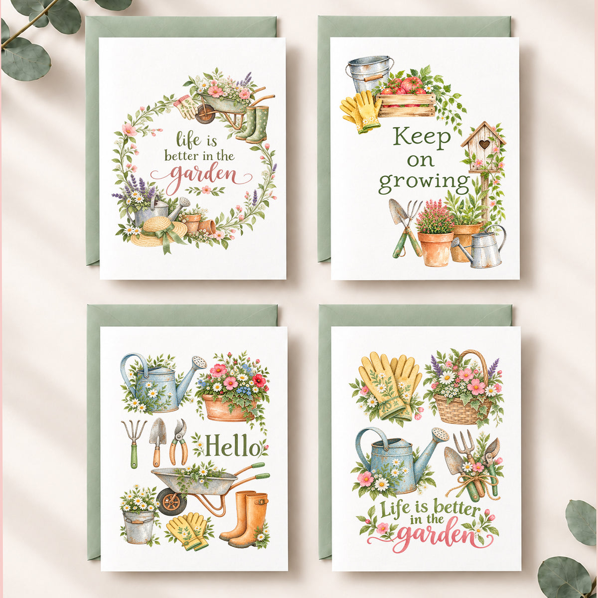 Set of four gardening-themed watercolor notecards featuring flowers, watering cans, garden tools, gloves, boots, baskets, and garden sayings with coordinating sage green envelopes.