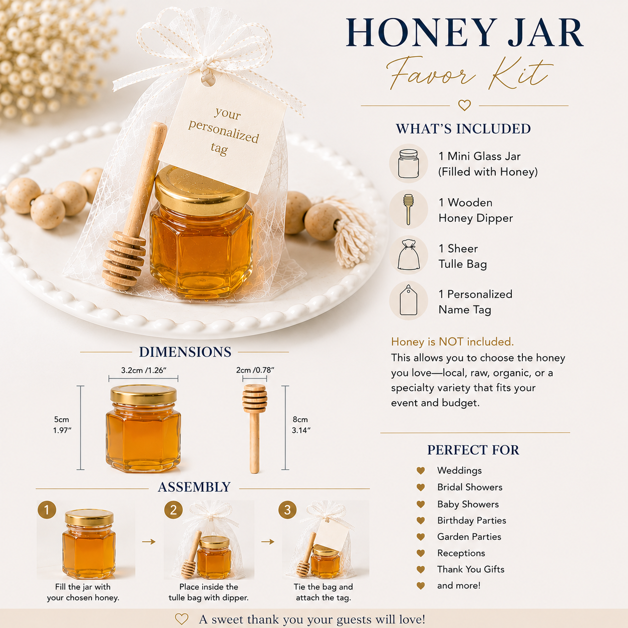 Honey jar favor kit information sheet showing a mini glass honey jar, gold lid, wooden honey dipper, sheer tulle bag, and personalized tag. Includes kit contents, product dimensions, assembly instructions, and event ideas. Elegant wedding favor guide with neutral colors, gold accents, and detailed product specifications.