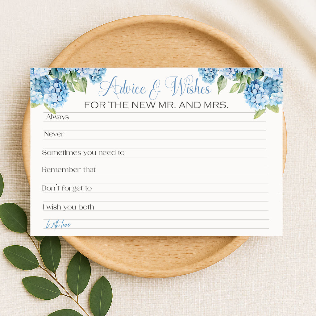 Hydrangea advice and wishes card bridal shower game blue floral wedding activity