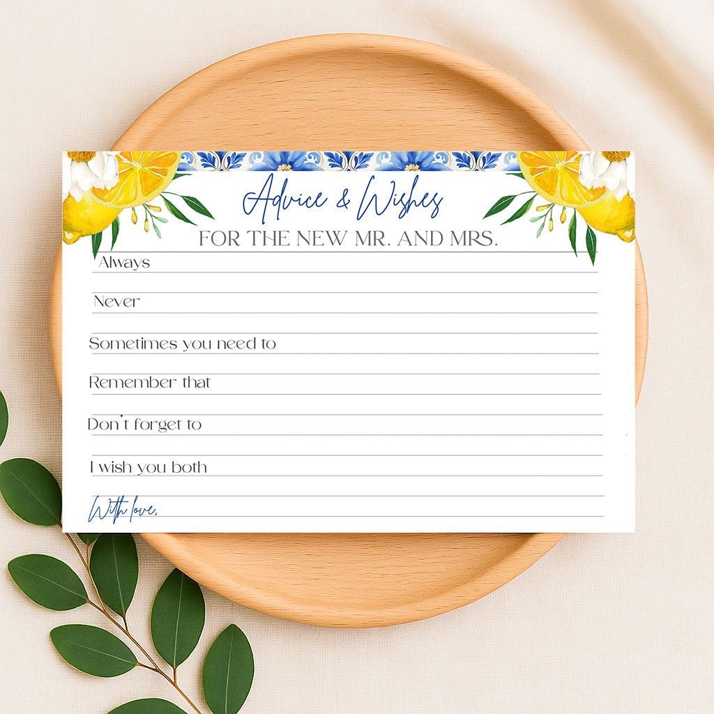 Mediterranean lemon advice and wishes card with blue tile border, Amalfi Coast bridal shower game, Italian citrus wedding activity